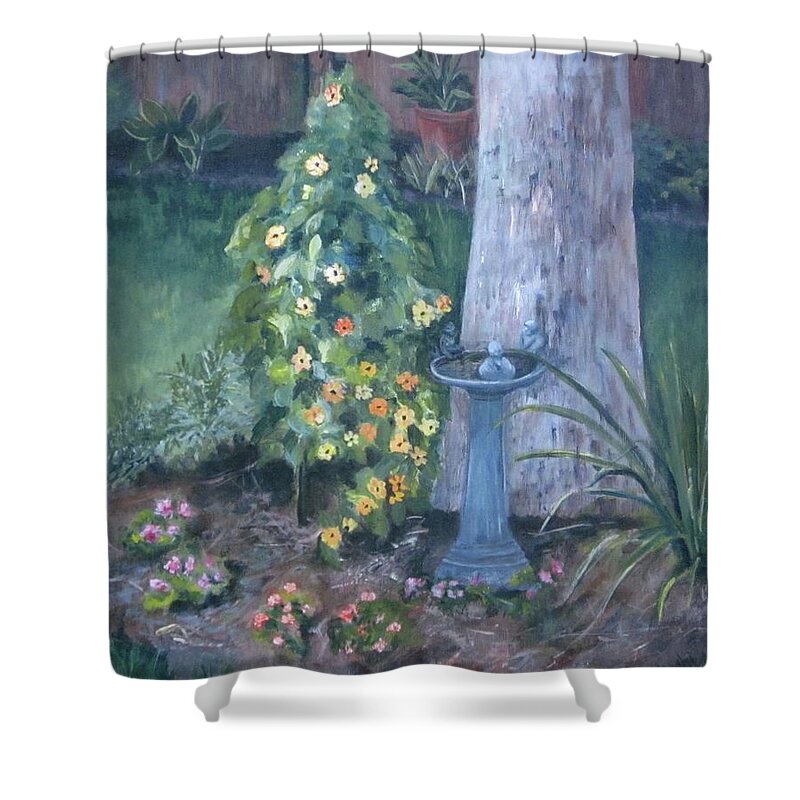Everything In Bloom In Summertime Shower Curtain featuring the painting Backyard by Paula Pagliughi