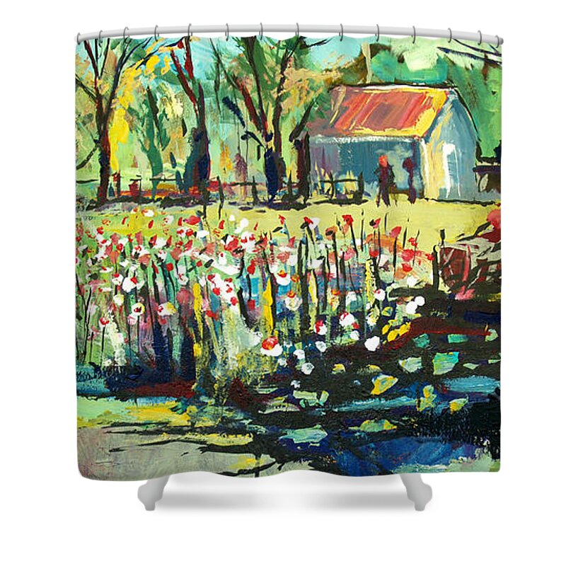  Shower Curtain featuring the painting Backyard Poppies by John Gholson