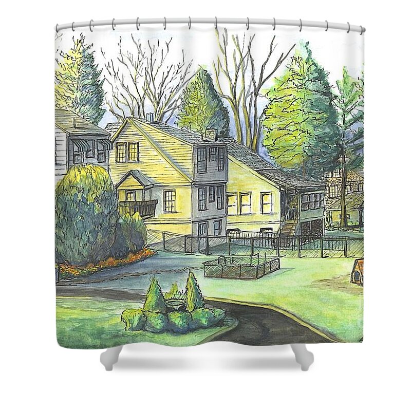 Hometown Shower Curtain featuring the painting Hometown Backyard View by Carol Wisniewski