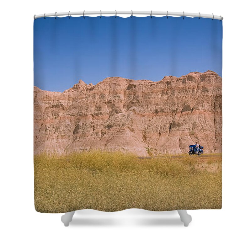 South Dakota Shower Curtain featuring the photograph Badlands Bikers by Hermes Fine Art