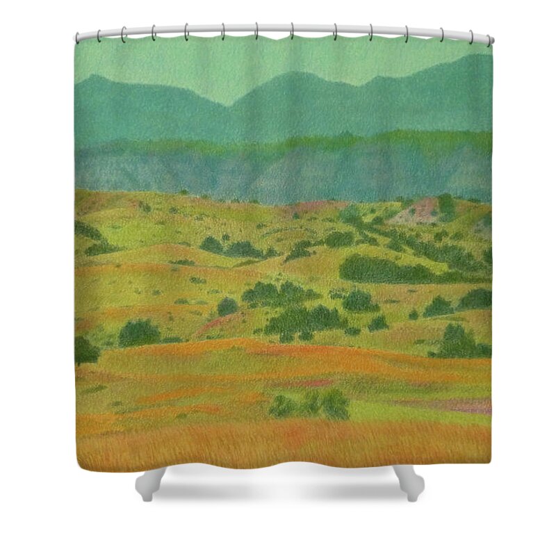 North Dakota Shower Curtain featuring the pastel Badlands Grandeur by Cris Fulton