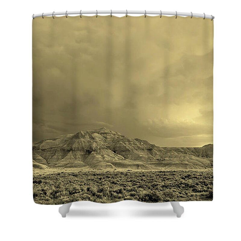 Approaching Storm; Badlands; Clouds; Desert; Dusty; Landscape; Range; Sage Brush; West; Wild West; Shower Curtain featuring the photograph Badlands ii by David Andersen