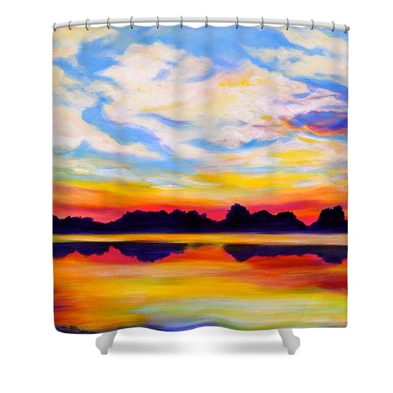 Baker's Sunset Shower Curtain featuring the painting Baker's Sunset by Debi Starr