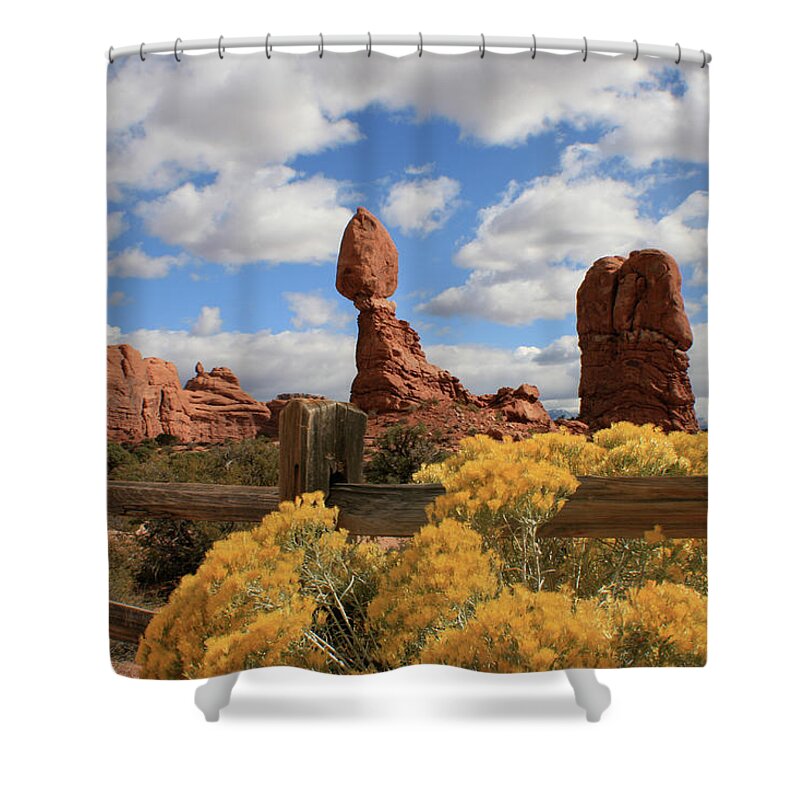 Arches Shower Curtain featuring the photograph Balanced Rock in Fall by Jen Manganello