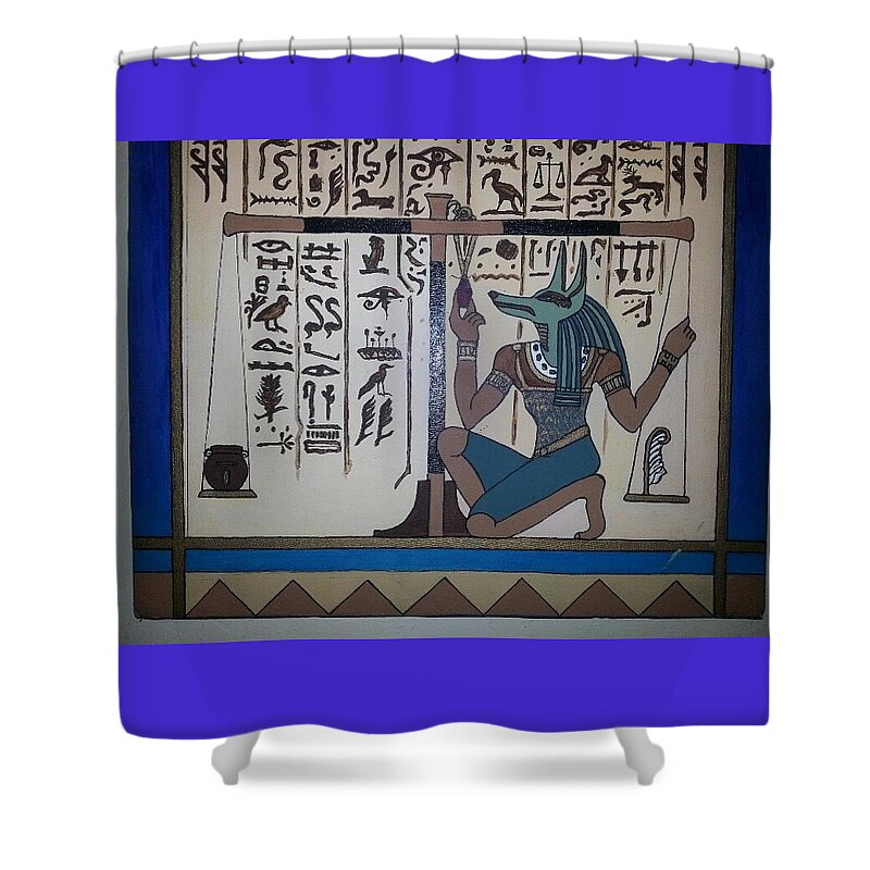 #egyptianart #bookofthedeadart #egyptianpaintings #coolart #egypt Shower Curtain featuring the painting Balancing the Scales by Cynthia Silverman