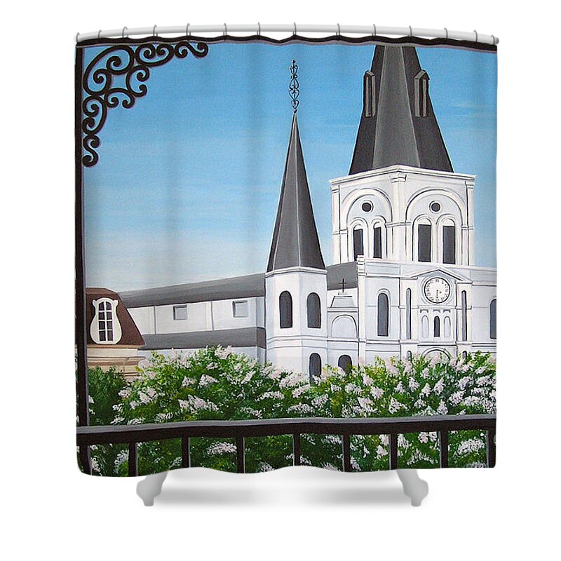 New Orleans Shower Curtain featuring the painting Balcony View of St Louis Cathedral by Valerie Carpenter