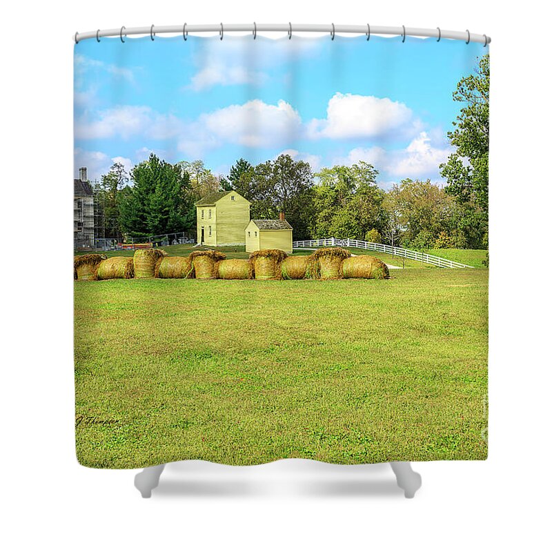 Historic Structure Shower Curtain featuring the photograph Baled Hay In A Grassy Field by Richard J Thompson