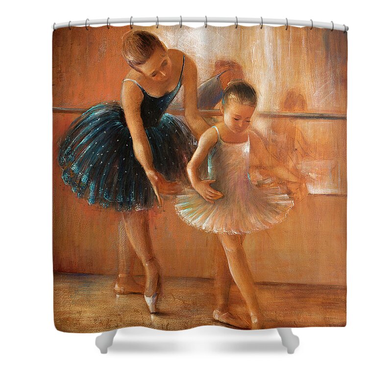 Ballet Shower Curtain featuring the painting ballet lesson-painting on leather by Vali Irina Ciobanu by Vali Irina Ciobanu