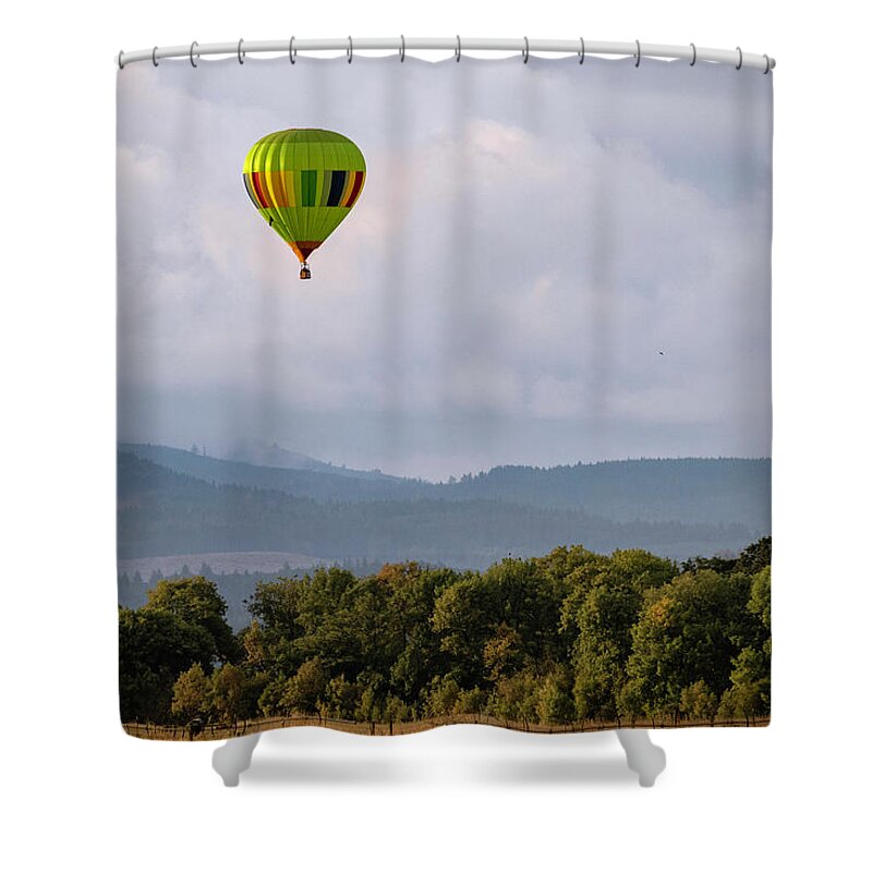Hot Air Balloon Shower Curtain featuring the photograph Balloon Over Farmland by Catherine Avilez