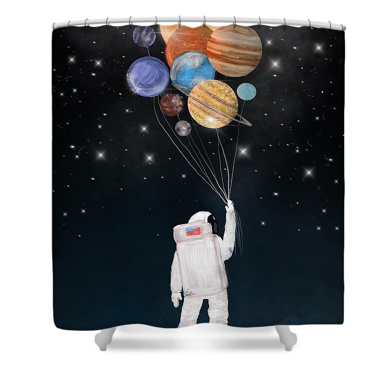 Space Shower Curtain featuring the painting Balloon Universe by Bri Buckley