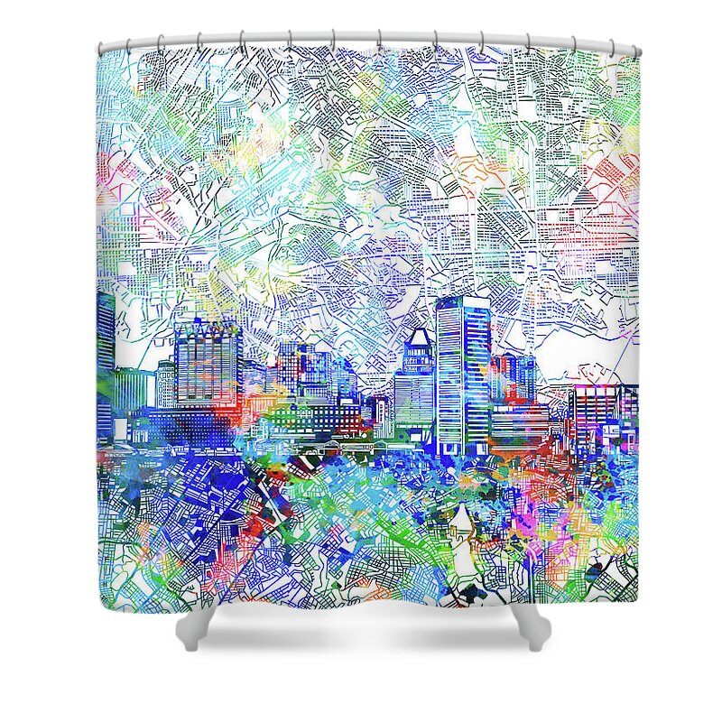 Baltimore Shower Curtain featuring the painting Baltimore Skyline Watercolor 10 by Bekim M