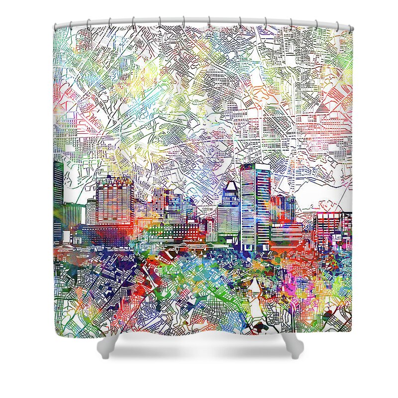 Baltimore Shower Curtain featuring the painting Baltimore Skyline Watercolor 11 by Bekim M