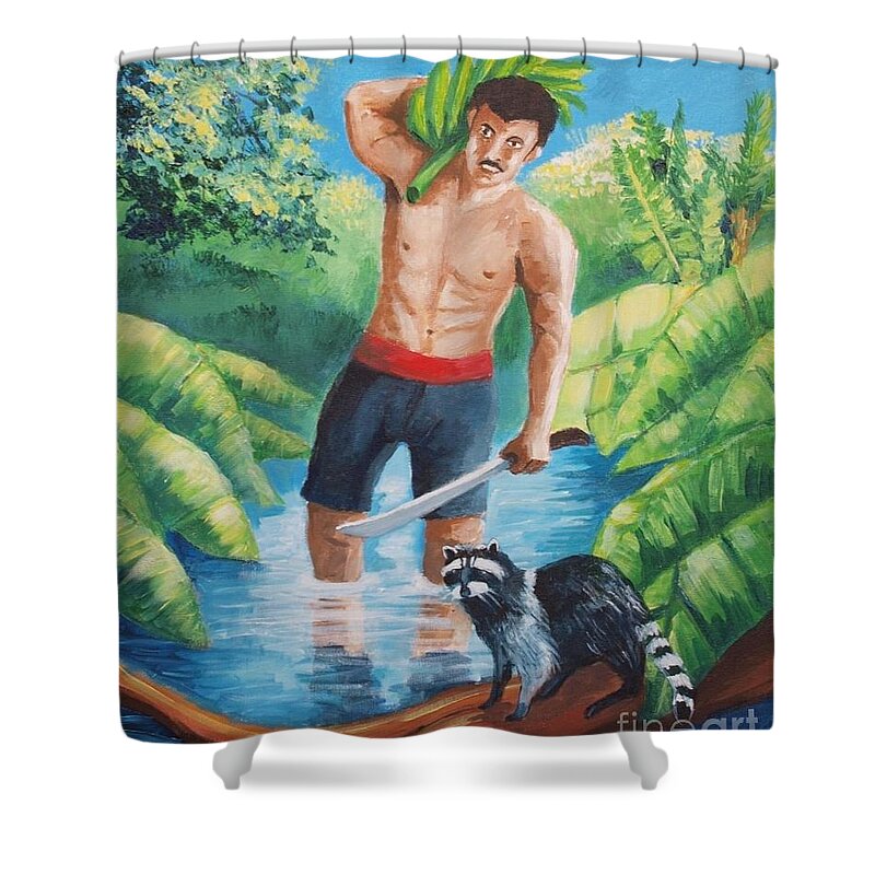 Man With Bananas Shower Curtain featuring the painting Bananas harvest by Jean Pierre Bergoeing