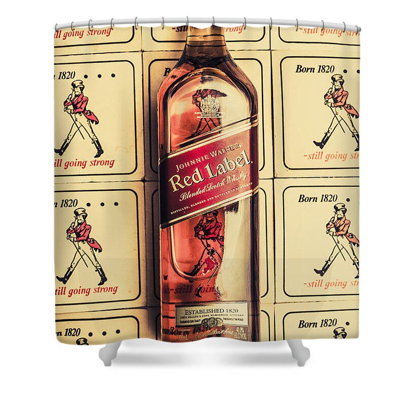 Johnnie Shower Curtain featuring the photograph Bar wall art. Old johnnie walker red label by Jorgo Photography