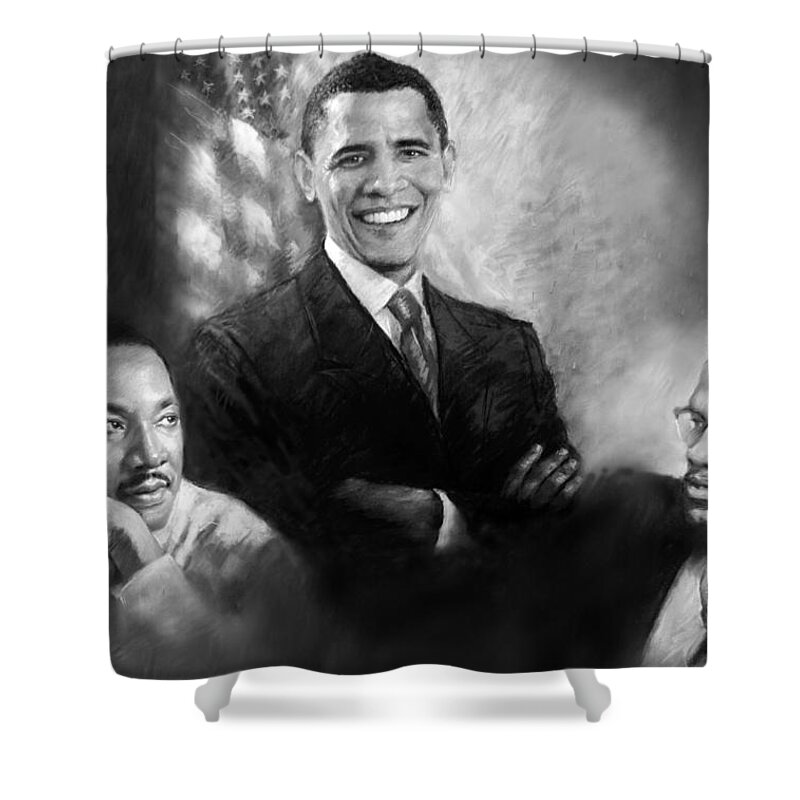 Barack Obama Shower Curtain featuring the pastel Barack Obama Martin Luther King Jr and Malcolm X by Ylli Haruni