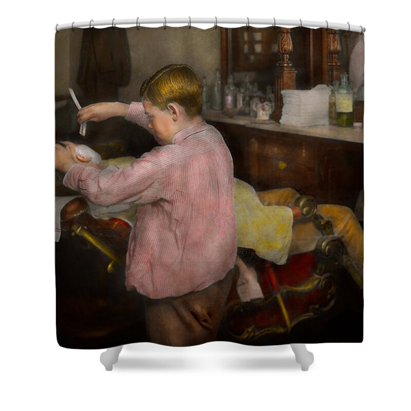 Child Labor Shower Curtain featuring the photograph Barber - Shaving - Faith in a child - 1917 by Mike Savad