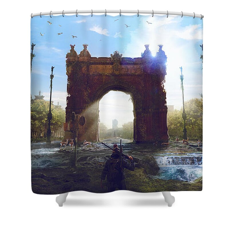 Sciencie Fiction Shower Curtain featuring the painting Barcelona Aftermath Arc de Triomf by Guillem H Pongiluppi