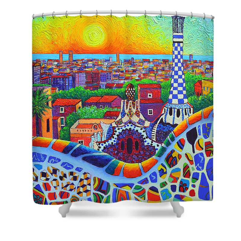Barcelona Shower Curtain featuring the painting Barcelona Park Guell Sunrise Gaudi Tower Textural Impasto Knife Oil Painting By Ana Maria Edulescu by Ana Maria Edulescu