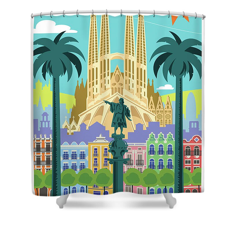 Pop Art Shower Curtain featuring the digital art Barcelona Poster - Retro Travel by Jim Zahniser