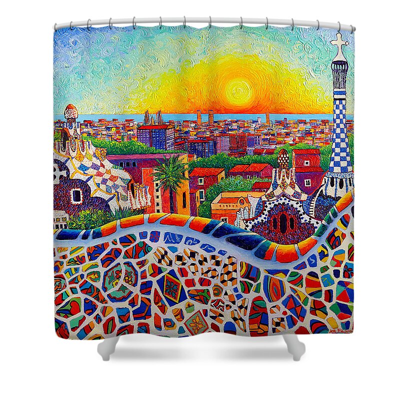Barcelona Shower Curtain featuring the painting BARCELONA SUNRISE COLORS FROM PARK GUELL modern impressionism knife oil painting Ana Maria Edulescu by Ana Maria Edulescu