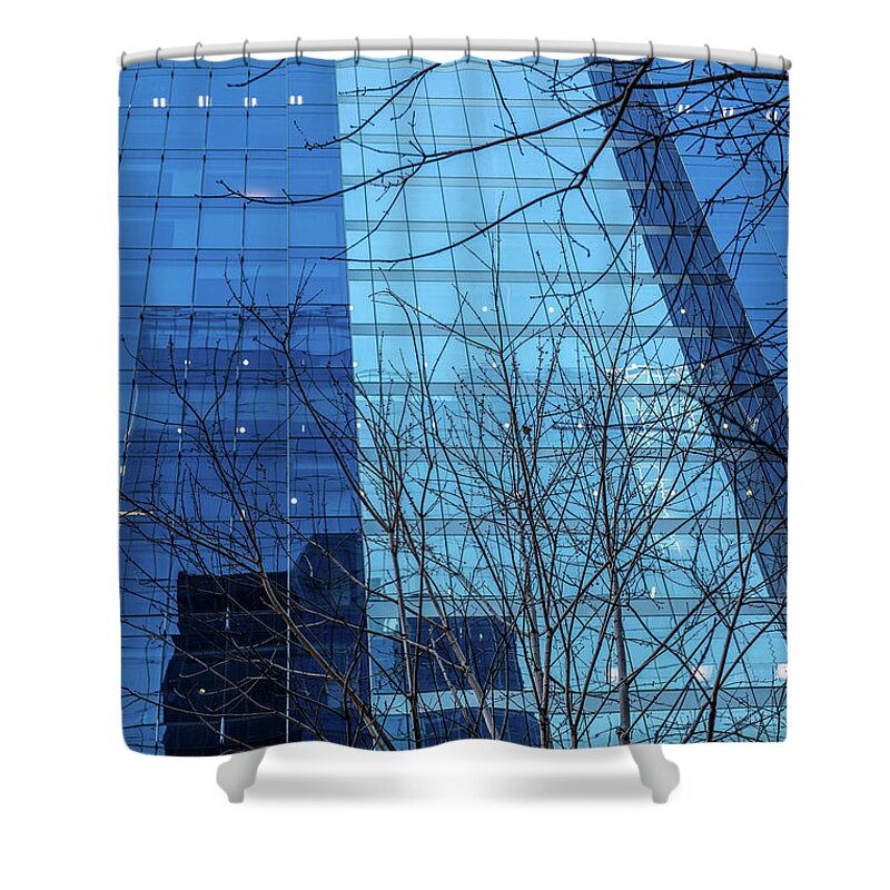 Architecture Shower Curtain featuring the painting Bare Tree branches in front of Glass Skyscraper by Judith Barath