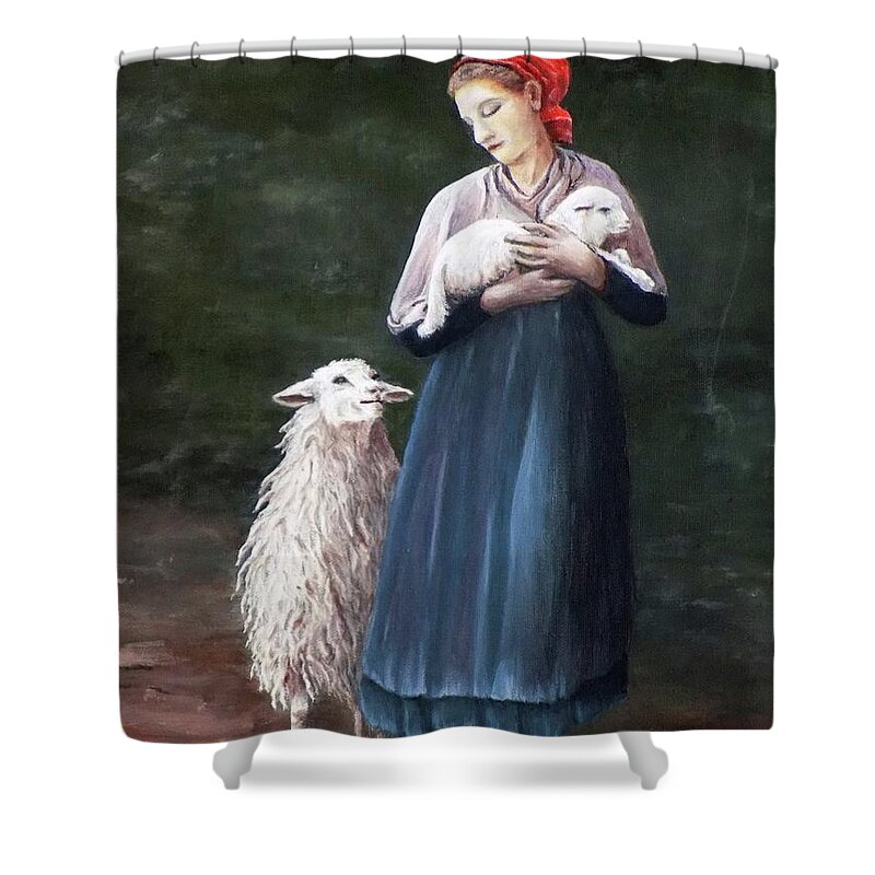 Shepherdess Shower Curtain featuring the painting Barefoot Shepherdess by Judy Kirouac