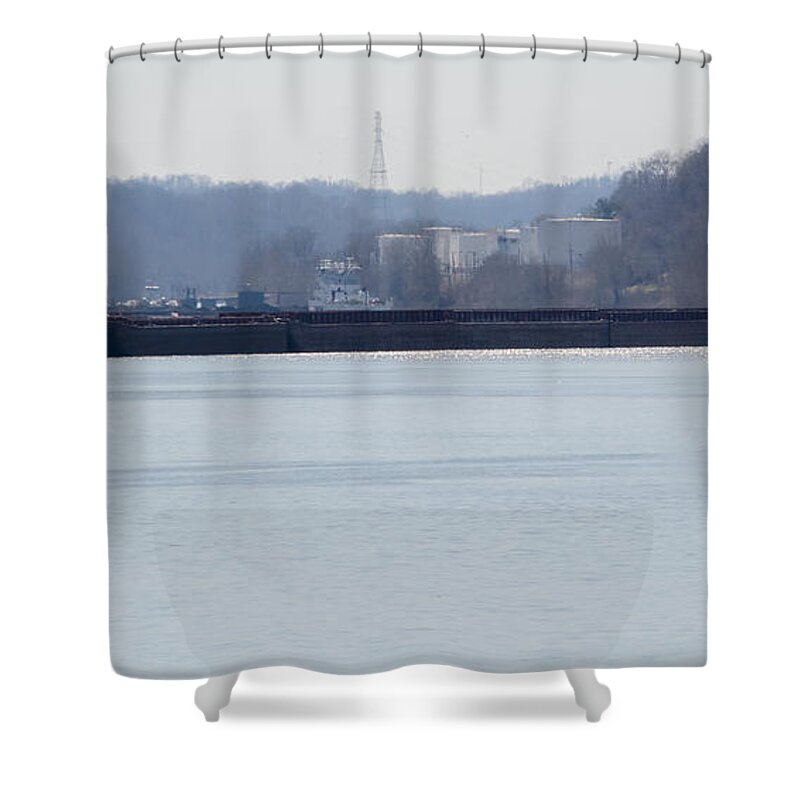 Jan Shower Curtain featuring the photograph Barge in the Bank by Holden The Moment