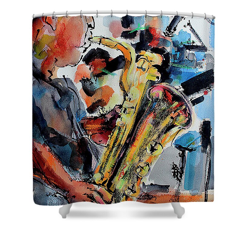 Music Shower Curtain featuring the painting Baritone Saxophone Mixed Media Music Art by Ginette Callaway
