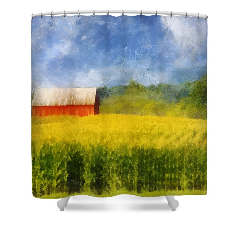 Barn Shower Curtain featuring the digital art Barn and Cornfield by Frances Miller