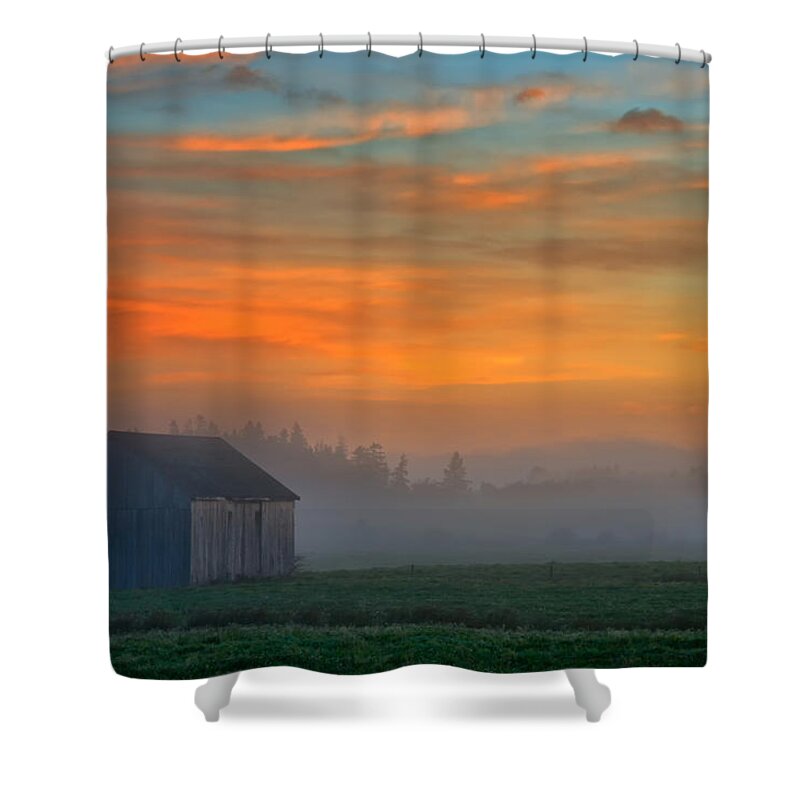 Dawn Shower Curtain featuring the photograph Barn and Mist at Dawn by Irwin Barrett