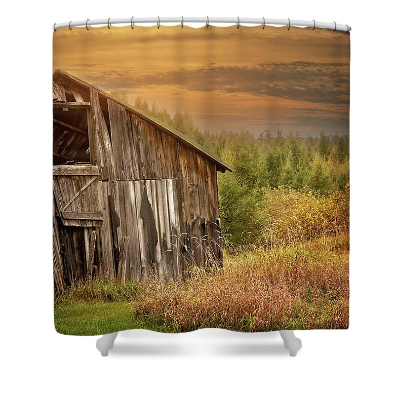 Old Barn Print Shower Curtain featuring the photograph Barn at Sunset Print by Gwen Gibson
