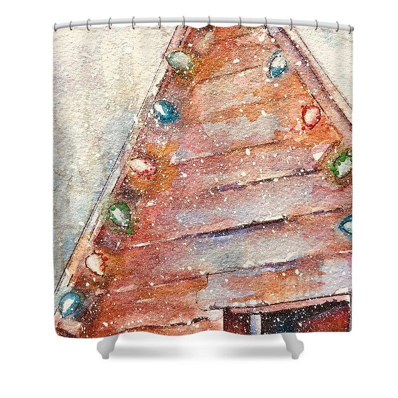 Christmas Cards By Rebecca Matthews Shower Curtain featuring the painting Barn in snow by Rebecca Matthews