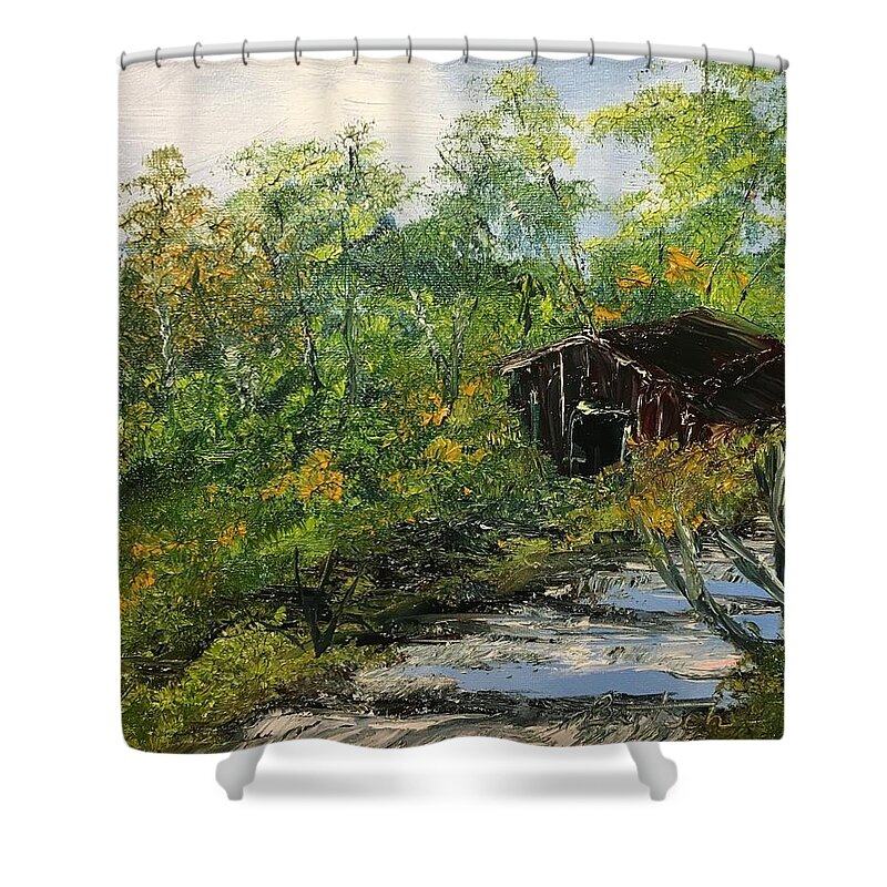 Barn Shower Curtain featuring the painting Barn in the Woods by David Bartsch