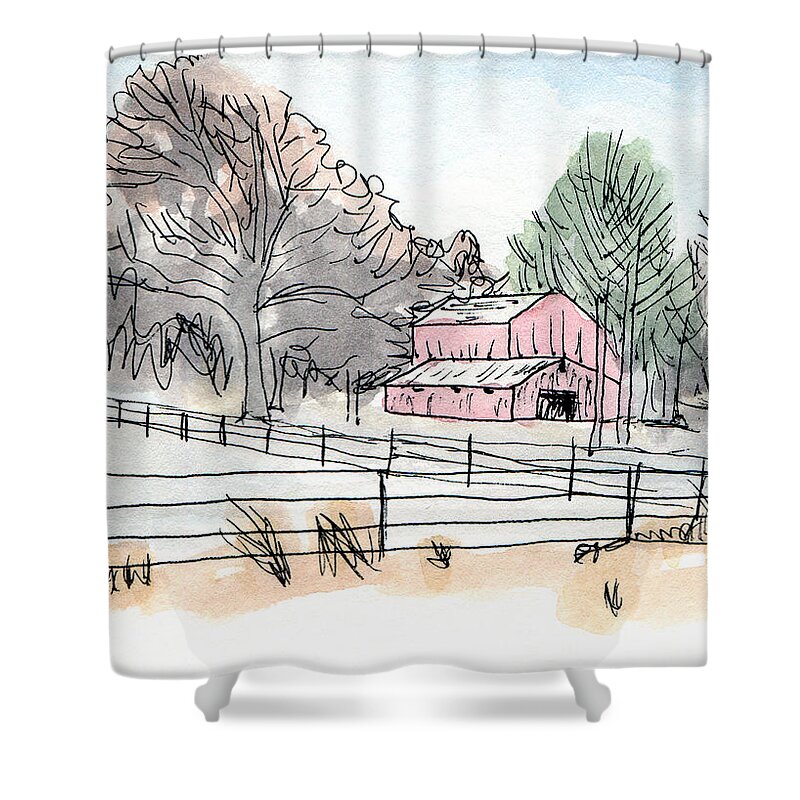 Farm Rural Old Country Nostalgia Barn America Scene Landscape Home American Scenic Rustic Red Place Life Art Time Peace Painting Nostalgic Line County Americana Outdoors Ink Hill Farmstead Countryside Woods Trees Tin Roof Shelter Shed Quiet Picturesque Orange North Metal Kyllo Idyllic Iconic Homestead Day Calm Building Artistic Weathered Visit Tree Tranquil Traditional Simple Scenery Restful Quietness Peaceful Midwest Memories Grandpa Grandma Buildings Artwork Southern Watercolor Wash Shower Curtain featuring the mixed media Barn in Winter Woods by R Kyllo
