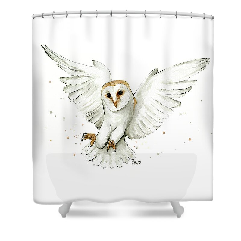 Owl Shower Curtain featuring the painting Barn Owl Flying Watercolor by Olga Shvartsur
