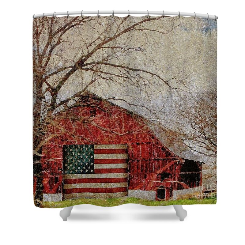 Barn Shower Curtain featuring the photograph Barn with Flag in Winter by Janette Boyd