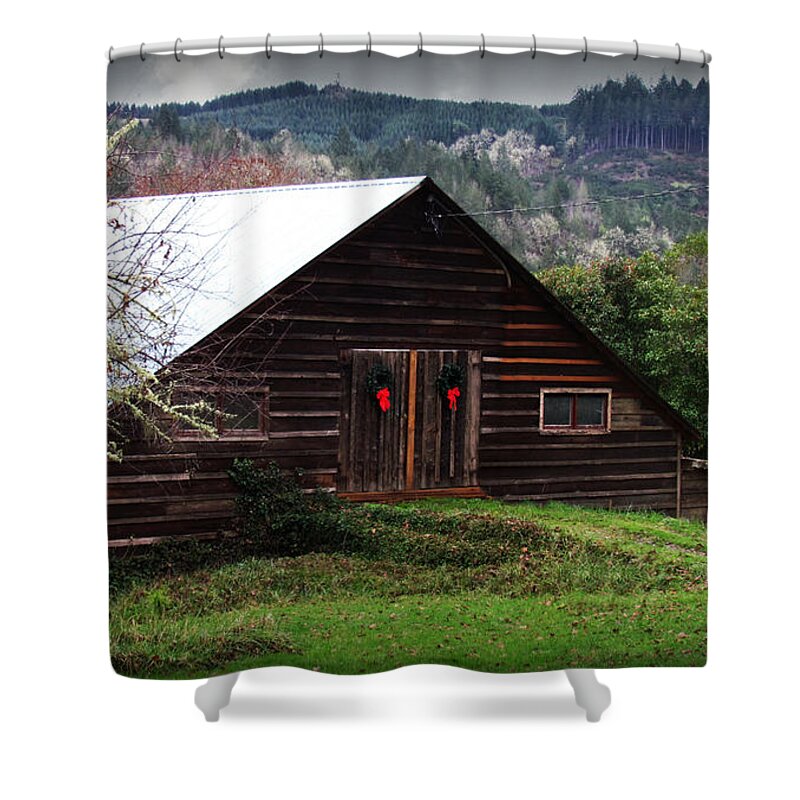 Barn Shower Curtain featuring the photograph Barn With Red Bows by KATIE Vigil