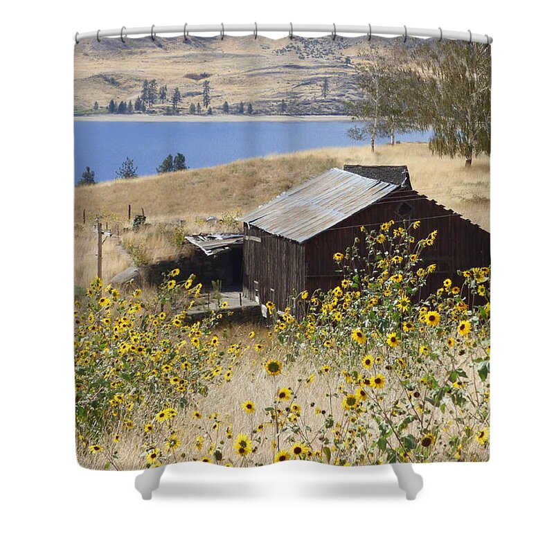 Barn Shower Curtain featuring the photograph Barn With Sunflowers by Charles Robinson