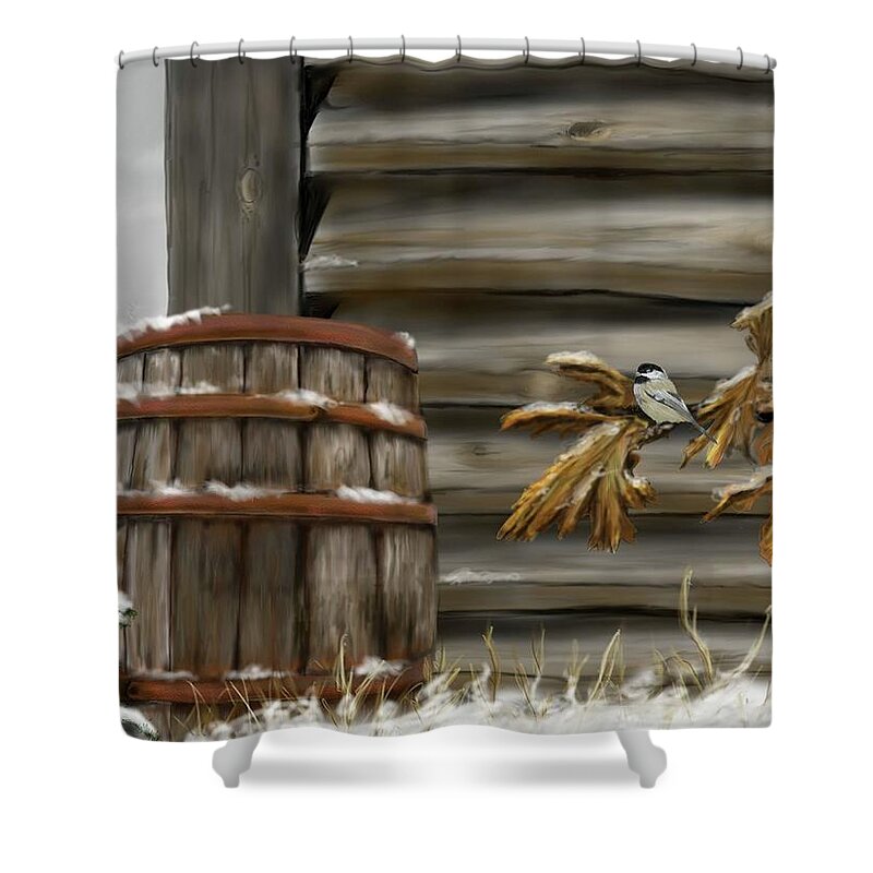 Chickadee Shower Curtain featuring the digital art Barnyard Barrel and Chickadee by Darren Cannell