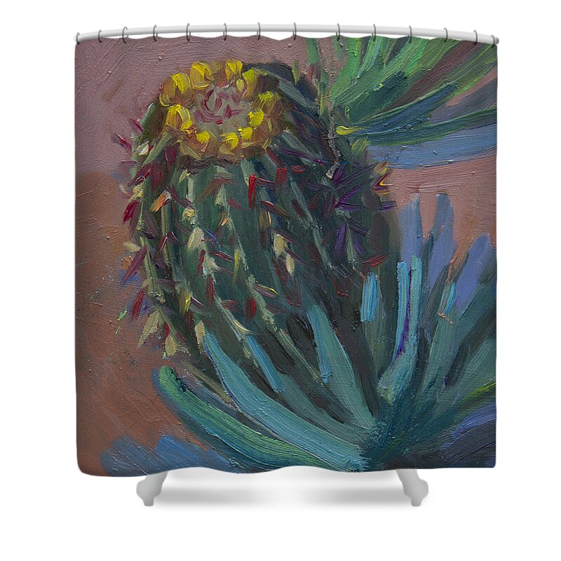 Arizona Shower Curtain featuring the painting Barrel Cactus in Bloom #1 by Diane McClary
