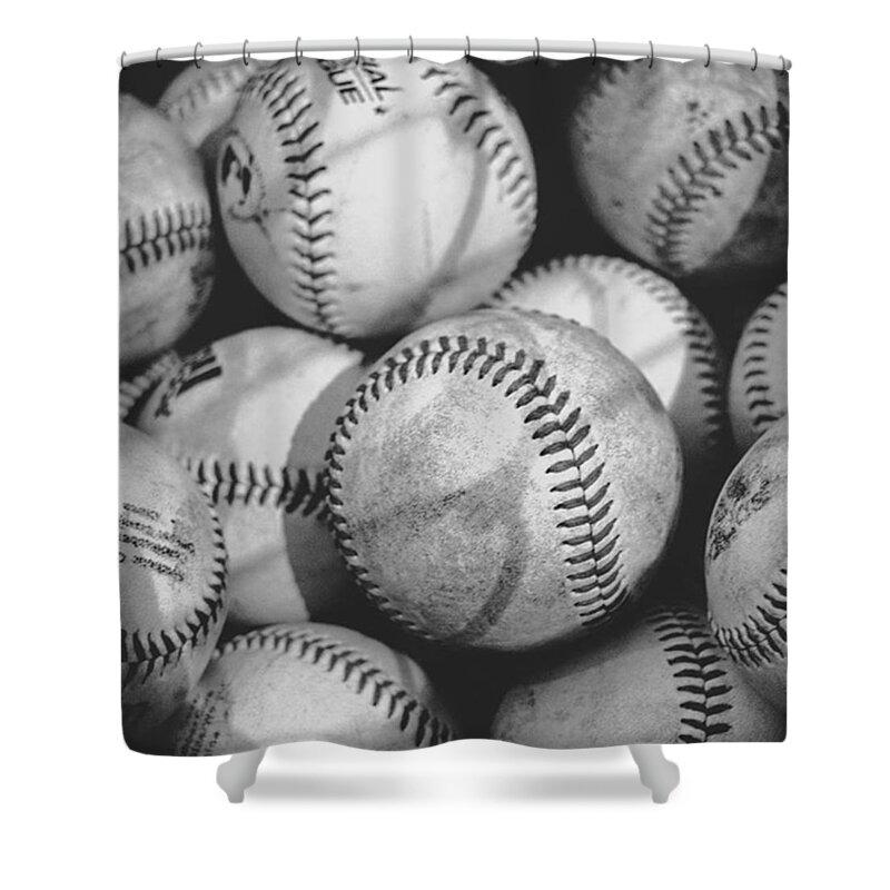 Practice Makes Perfect Shower Curtain featuring the photograph Baseballs In Black And White #2 by Leah McPhail