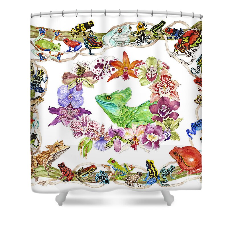 Frogs Shower Curtain featuring the painting Basilisk, Orchids, Frogs by Lucy Arnold