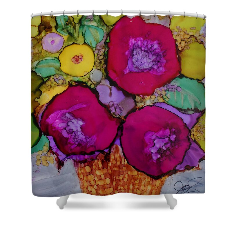 Floral Shower Curtain featuring the painting Basket of Blooms by Jo Smoley