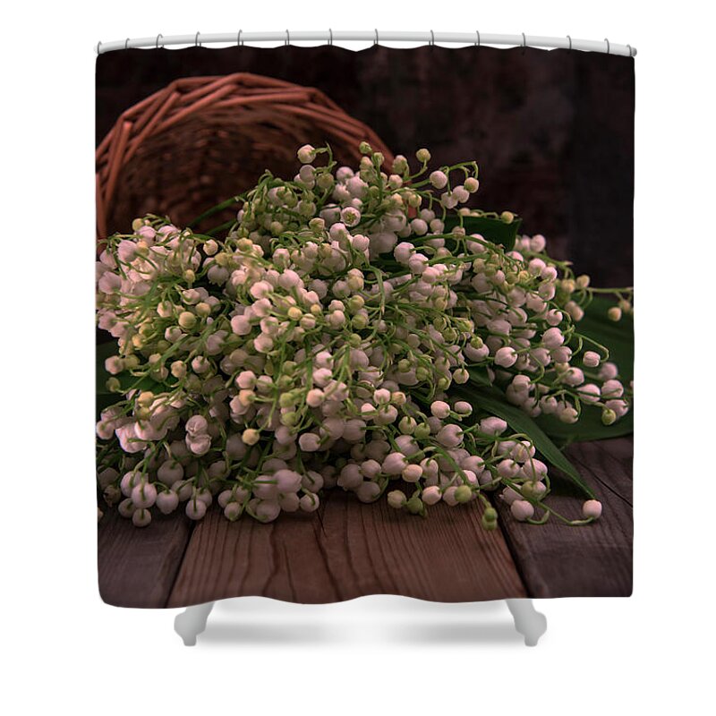 Basket Shower Curtain featuring the photograph Basket of fresh lily of the valley flowers by Jaroslaw Blaminsky