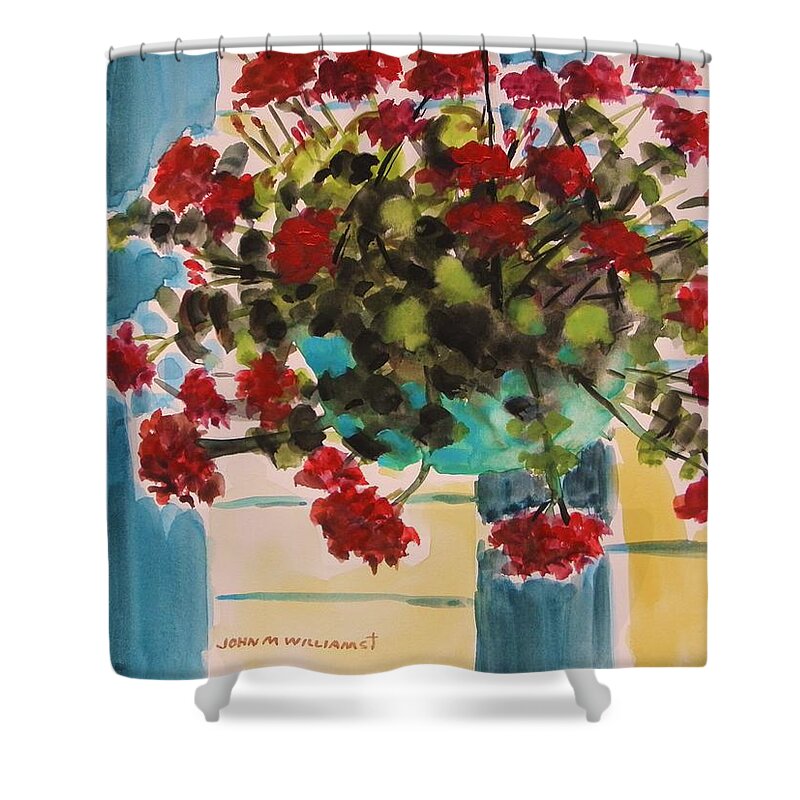 Red Shower Curtain featuring the painting Basket of Geraniums by John Williams