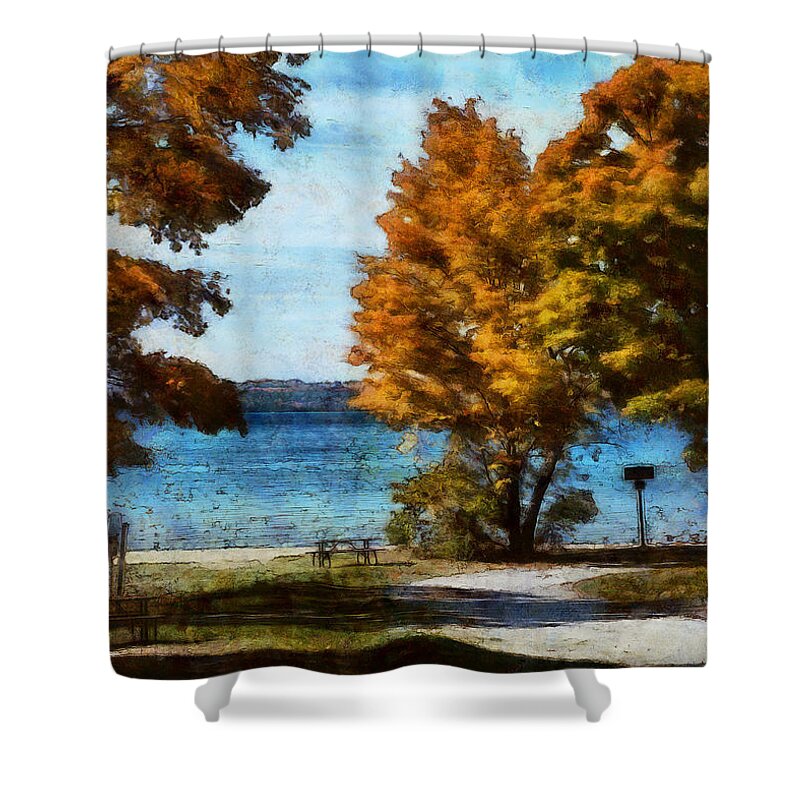 Autumn Shower Curtain featuring the digital art Bass Lake October by JGracey Stinson