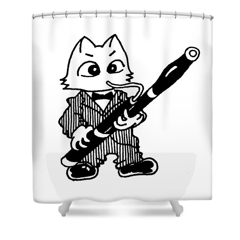 Bassoon Shower Curtain featuring the drawing Bassoon Cat by Minami Daminami