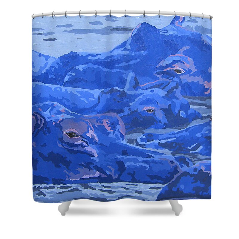 African Hippos Shower Curtain featuring the painting Bathing Beauties by Cheryl Bowman