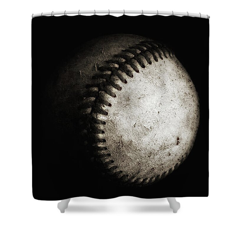 Vintage Baseball Shower Curtain featuring the photograph Battered Baseball in Black and White by Leah McPhail
