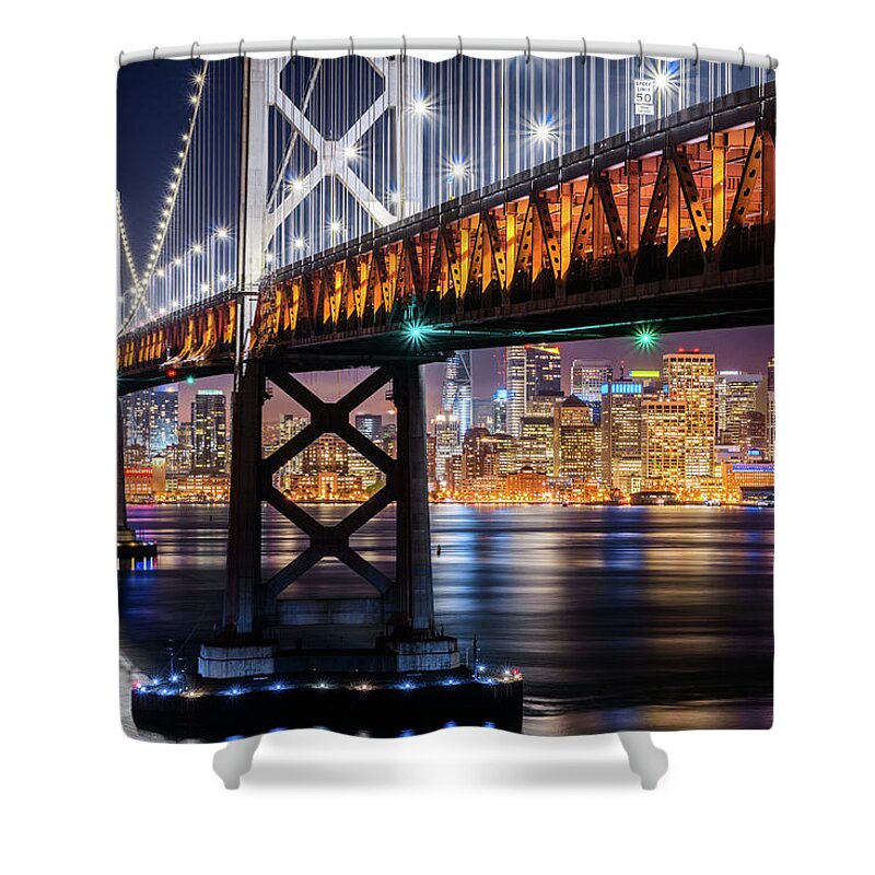 Bay Area Shower Curtain featuring the photograph Bay Bridge and San Francisco By Night 11 by Jason Chu